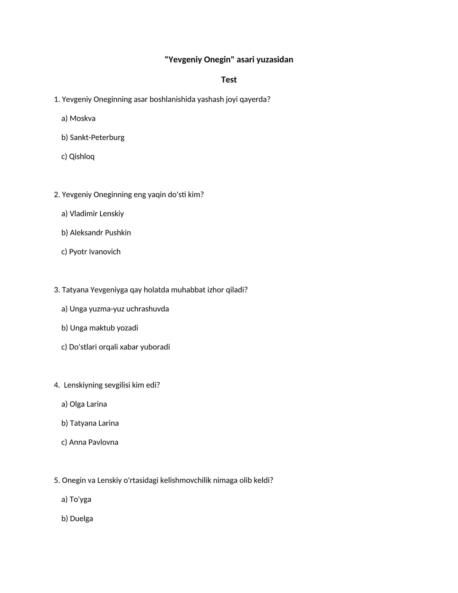 "Yevgeniy Onegin" asari yuzasidan Test 1