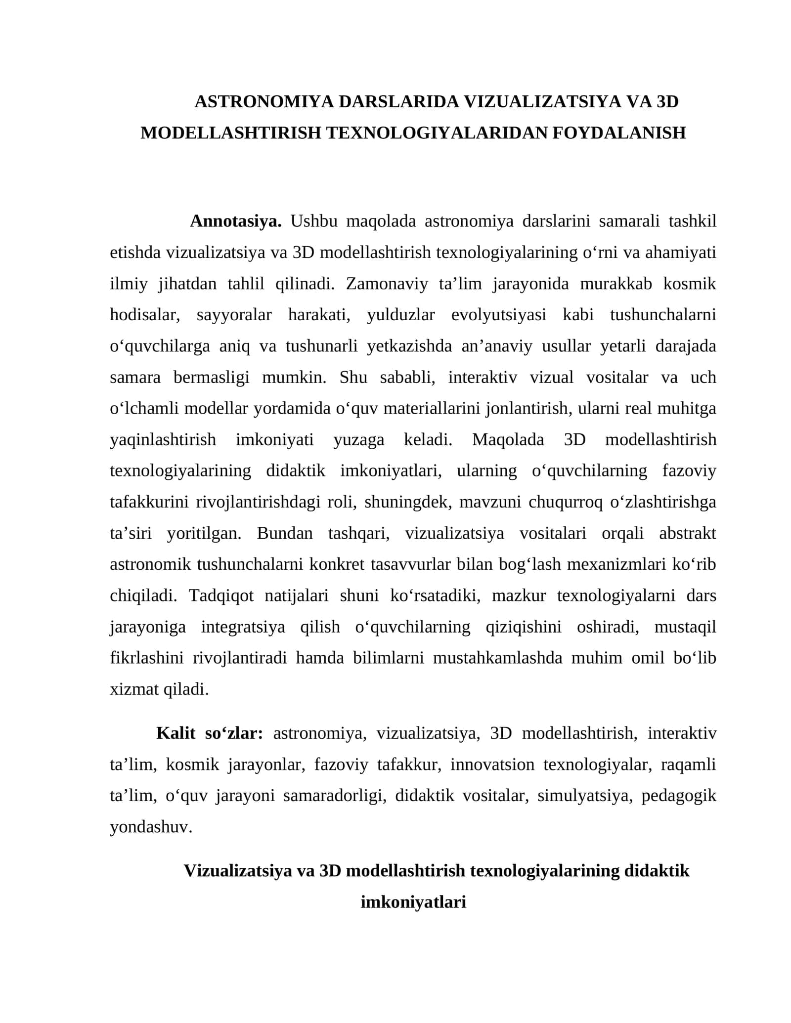 ASTRONOMIYA DARSLARIDA VIZUALIZATSIYA VA 3D MODELLASHTIRISH TEXNOLOGIYALARIDAN FOYDALANISH 1