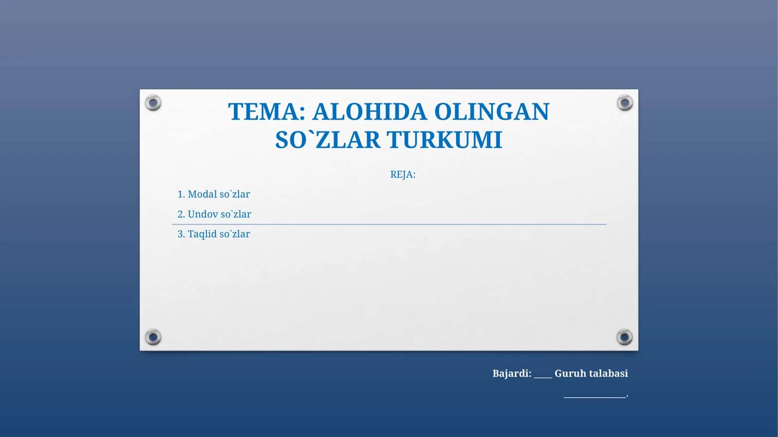 ALOHIDA OLINGAN SO`ZLAR TURKUMI 1