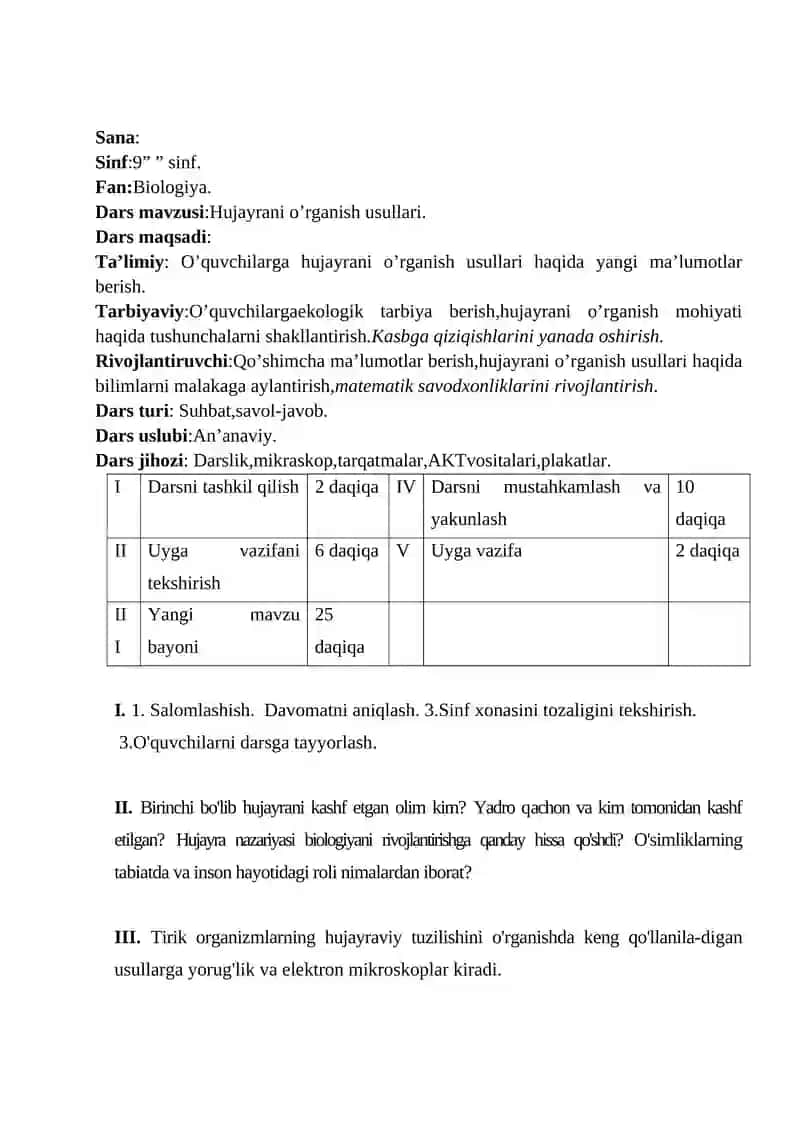 Hujayrani o’rganish usullari 9-sinf