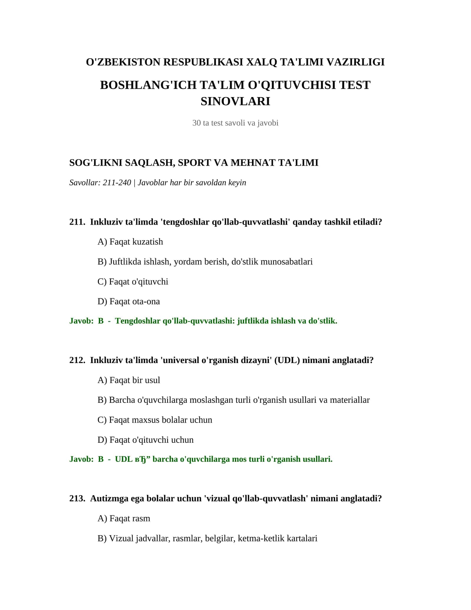 BOSHLANG'ICH TA'LIM O'QITUVCHISI TEST SINOVLARI 1