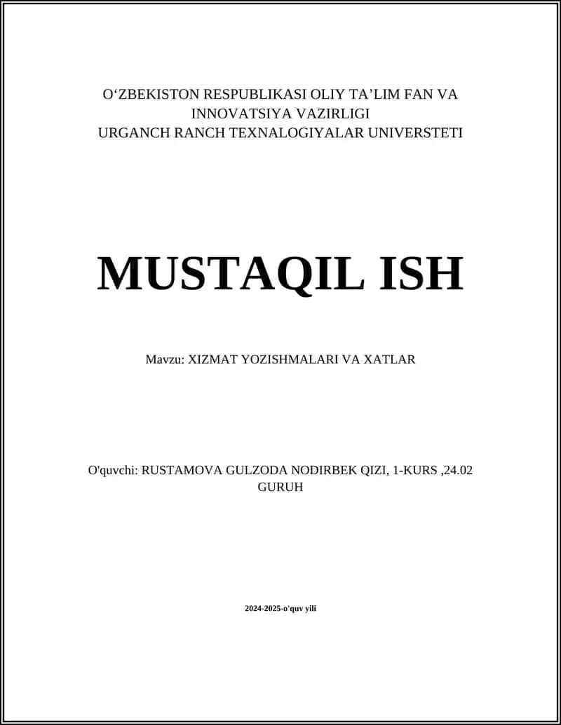 XIZMAT YOZISHMALARI VA XATLAR 1