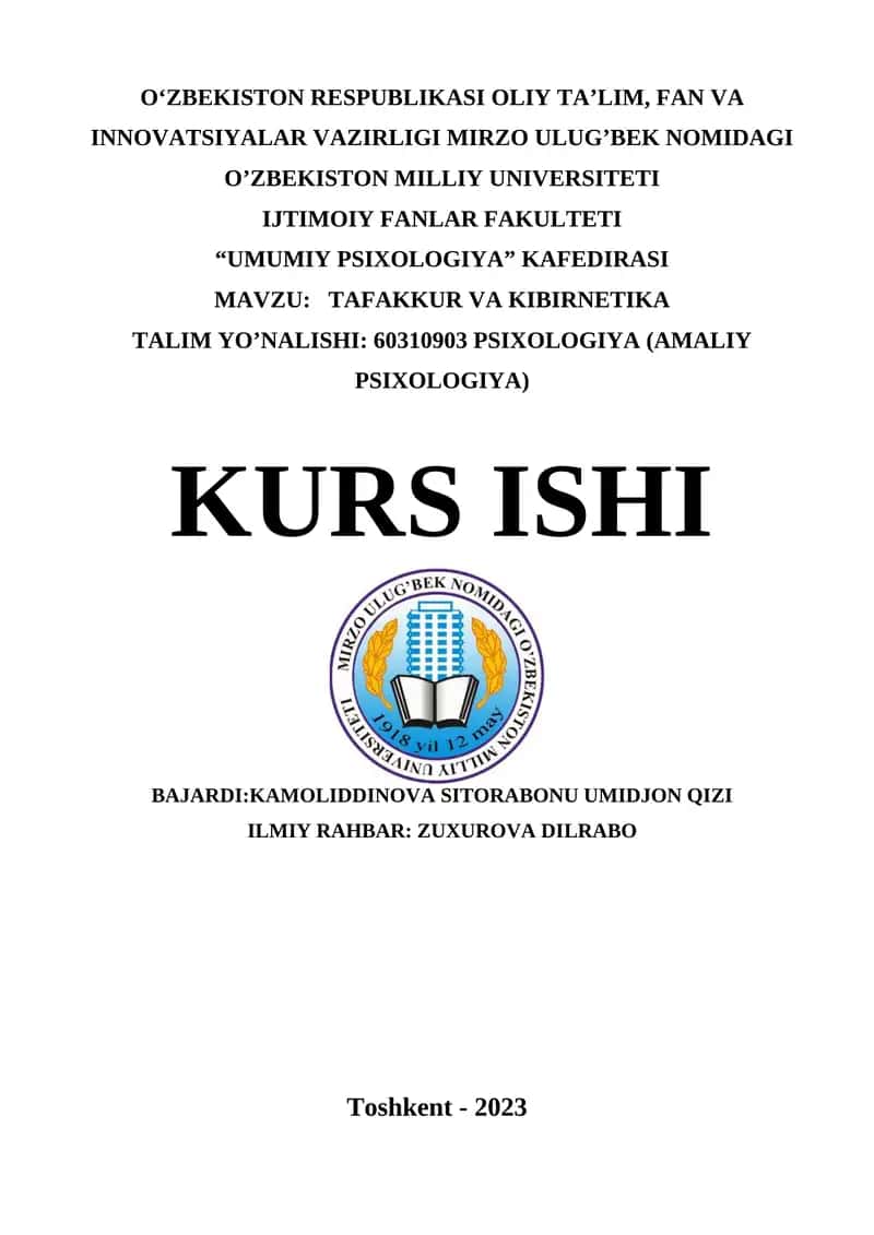 TAFAKKUR VA KIBIRNETIKA TALIM YO’NALISHI: 60310903 PSIXOLOGIYA (AMALIY PSIXOLOGIYA) 1