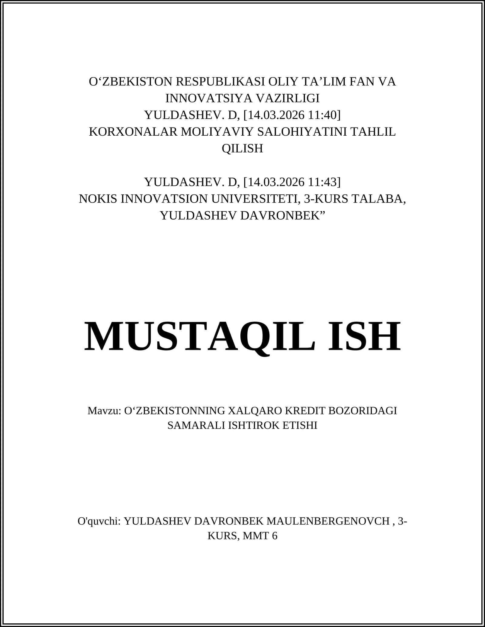 O‘ZBEKISTONNING XALQARO KREDIT BOZORIDAGI SAMARALI ISHTIROK ETISHI 1
