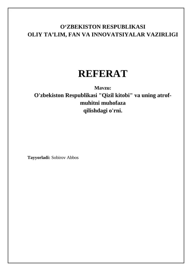 O'zbekiston Respublikasi "Qizil kitobi" va uning atrof-muhitni muhofaza qilishdagi o'rni 1