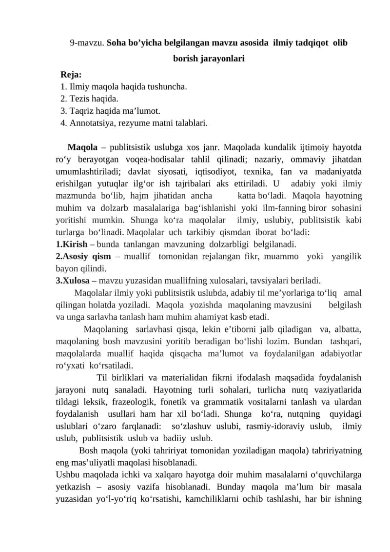 9-mavzu. Soha bo’yicha belgilangan mavzu asosida ilmiy tadqiqot olib borish jarayonlari 1