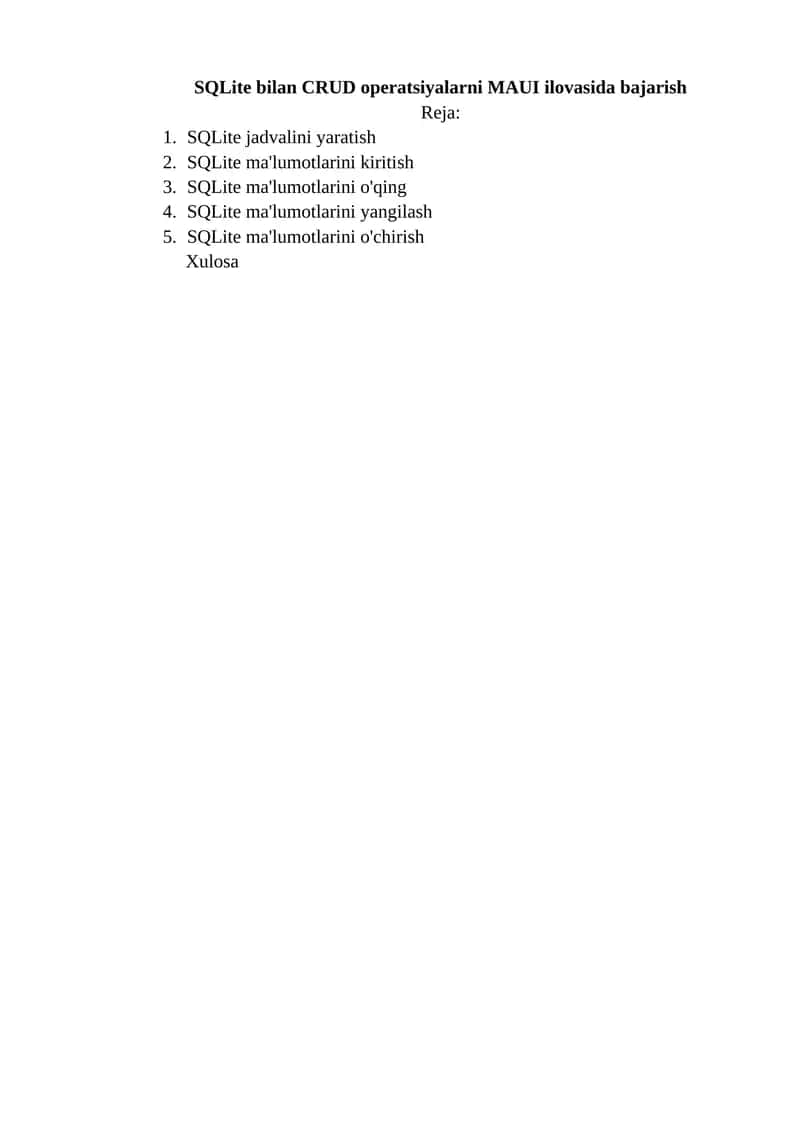 SQLite bilan CRUD operatsiyalarni MAUI ilovasida bajarish 1