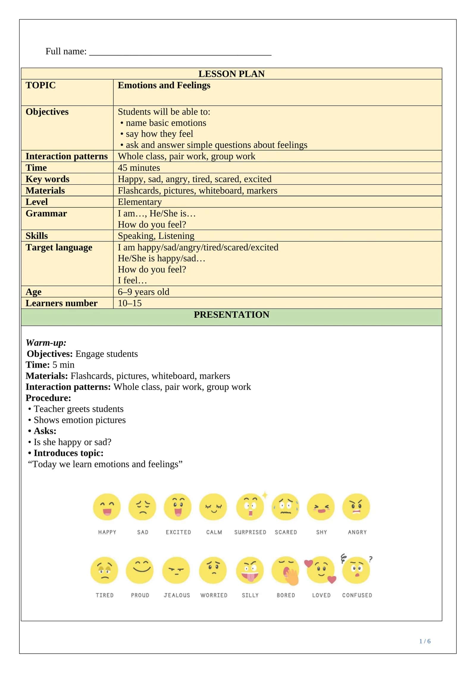 LESSON PLAN ESP emotions and feelings 1