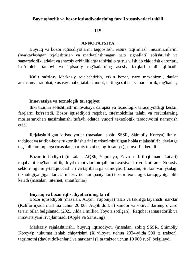 Buyruqbozlik va bozor iqtisodiyotlarining farqli xususiyatlari tahlili 1