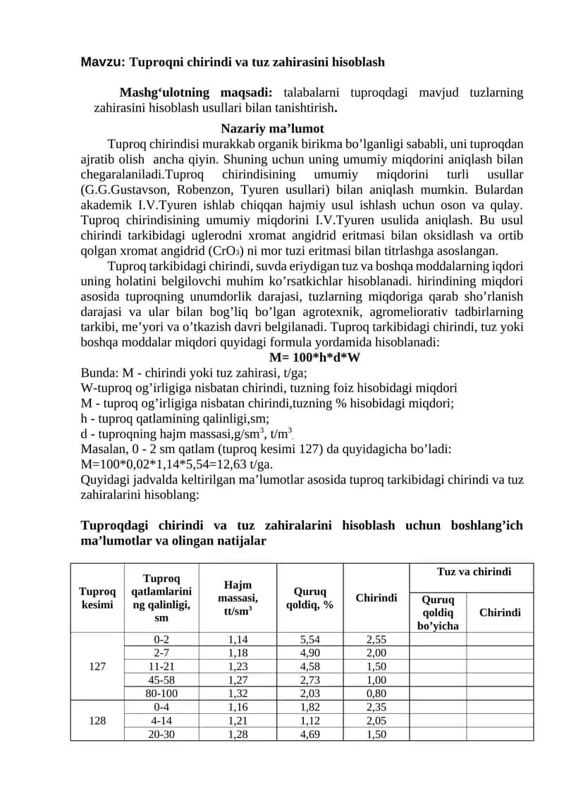 Tuproqni chirindi va tuz zahirasini hisoblash 1