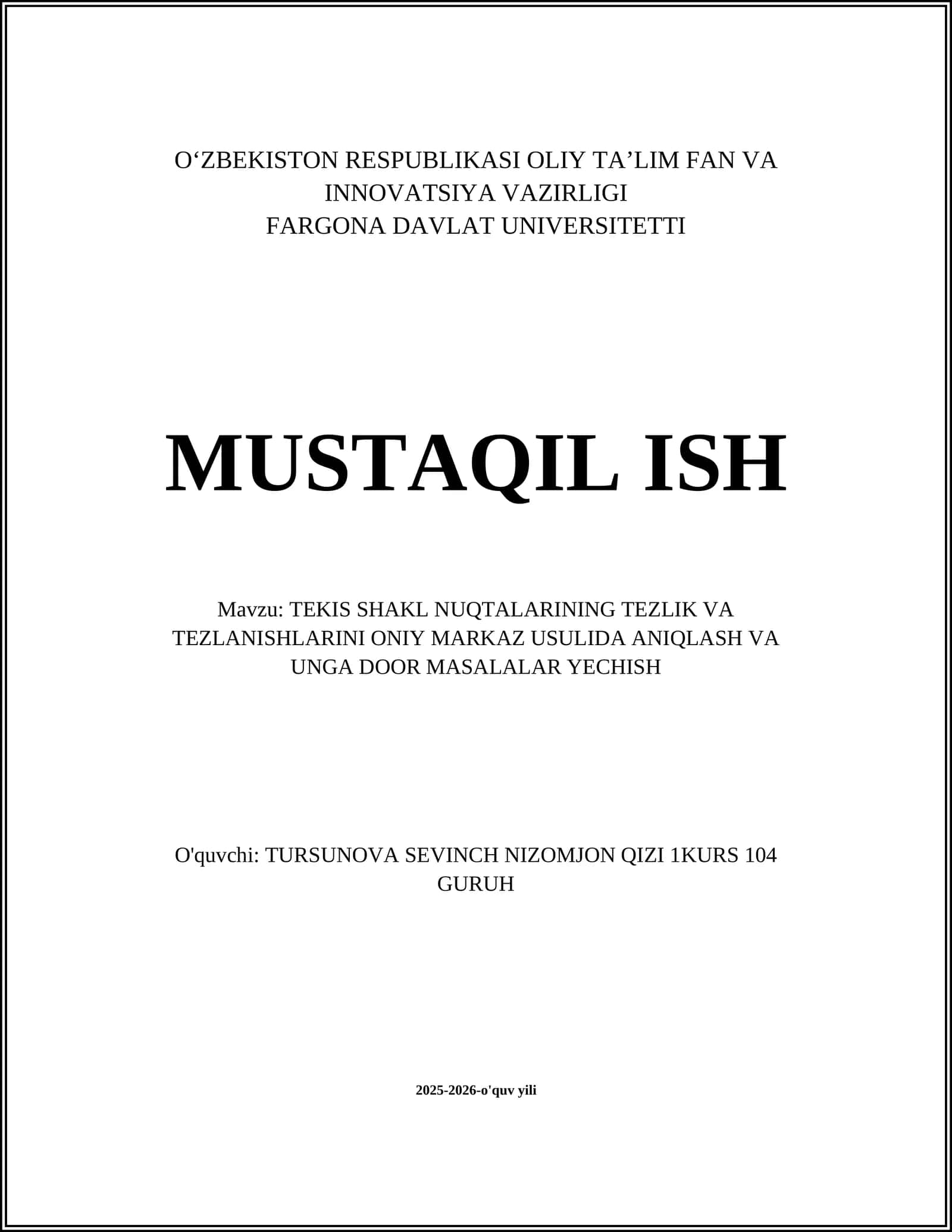 TEKIS SHAKL NUQTALARINING TEZLIK VA TEZLANISHLARINI ONIY MARKAZ USULIDA ANIQLASH VA UNGA DOOR MASALALAR YECHISH 1