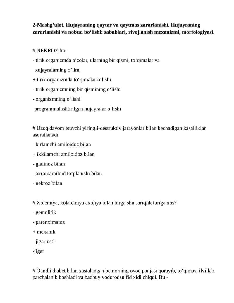 Hujayraning zararlanishi va nobud bo‘lishi: sabablari, rivojlanish mexanizmi, morfologiyasi 1