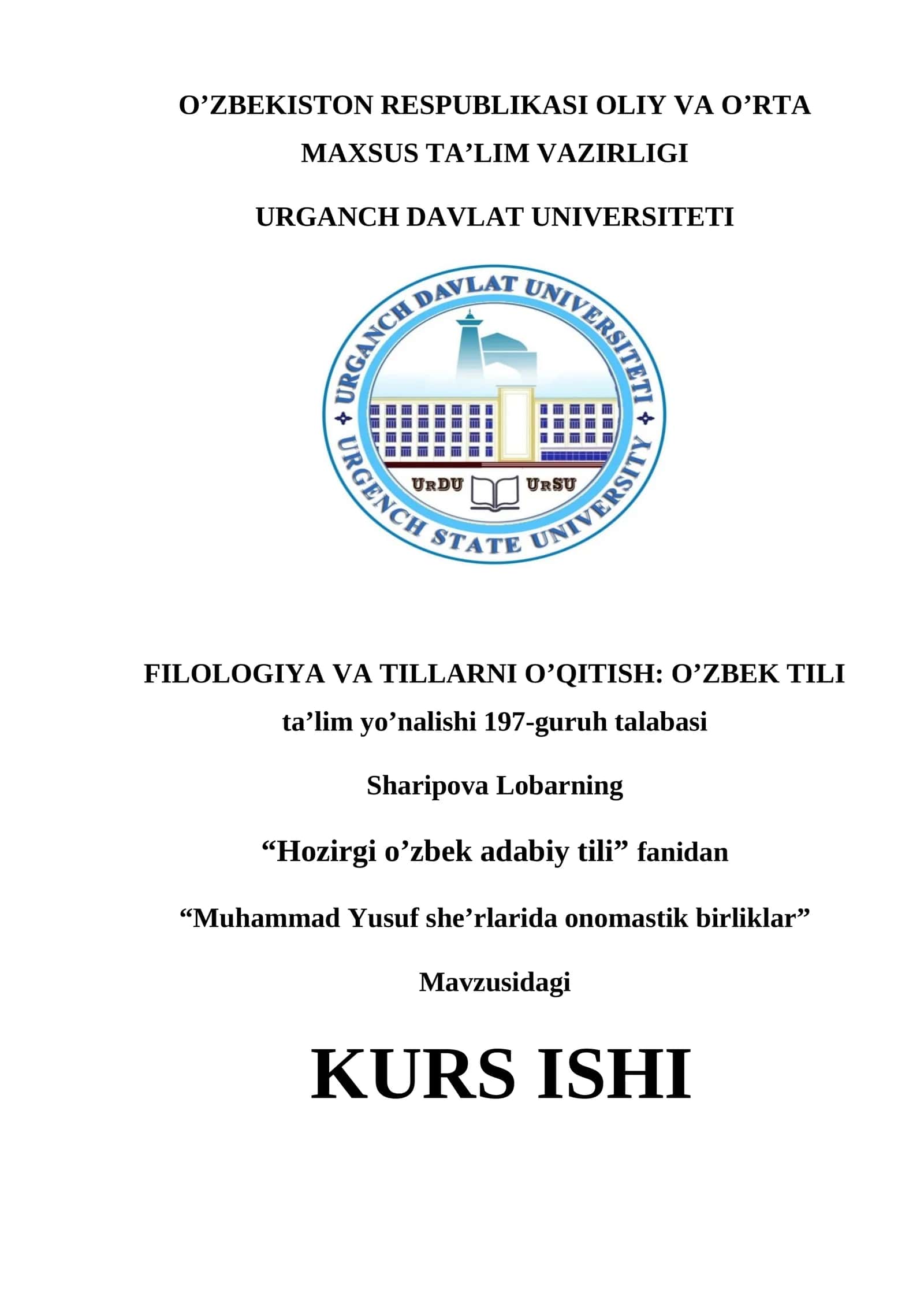Mavzu: "Muhammad Yusuf she’rlarida onomastik birliklar" 1