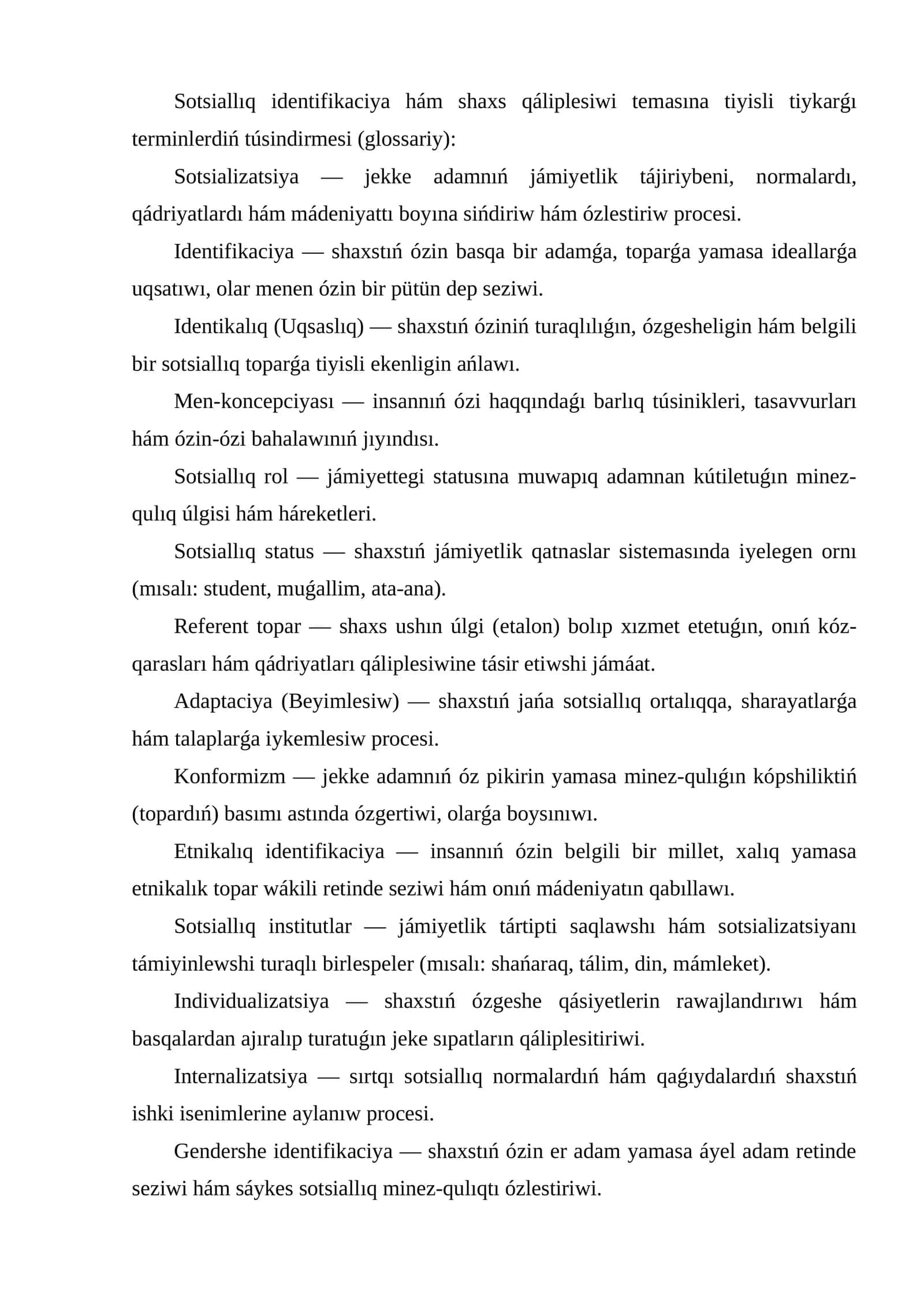 Sotsiallıq identifikaciya hám shaxs qáliplesiwi temasına tiyisli tiykarǵı terminlerdiń túsindirmesi (glossariy) 1