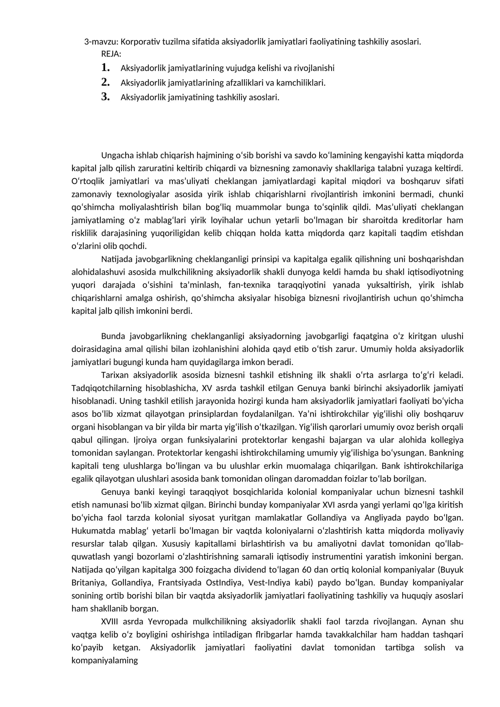 3-mavzu: Korporativ Tuzilma Sifatiida Aksiyadorlik Jamiyatlar Faoliyatining Tashkiliy Asoslari 1