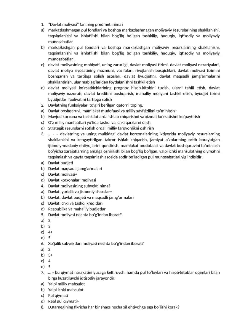 Davlat moliyasi fanidan testlar 1