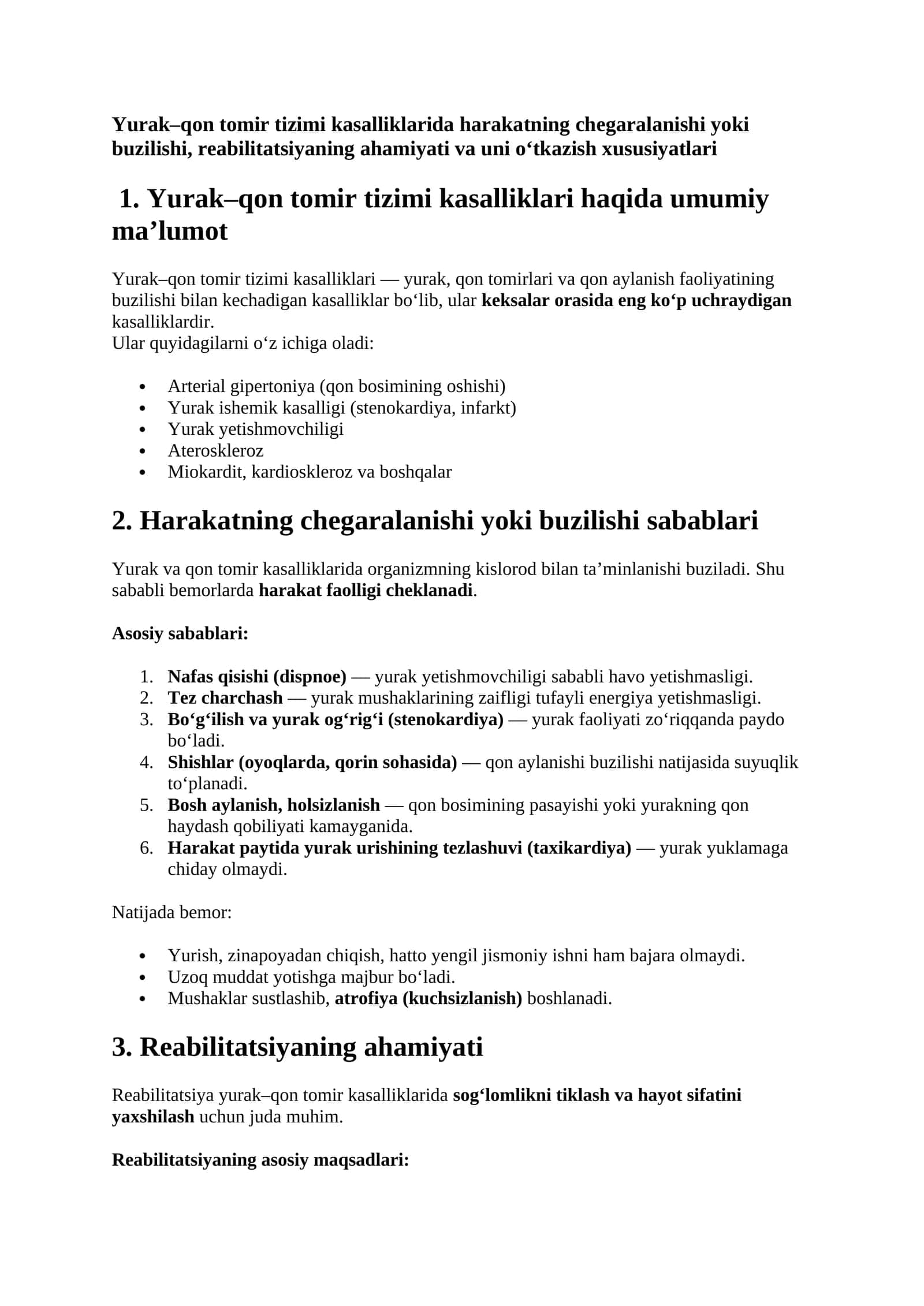 Yurak–qon tomir tizimi kasalliklarida harakatning chegaralanishi yoki buzilishi, reabilitatsiyaning ahamiyati va uni o‘tkazish xususiyatlari 1