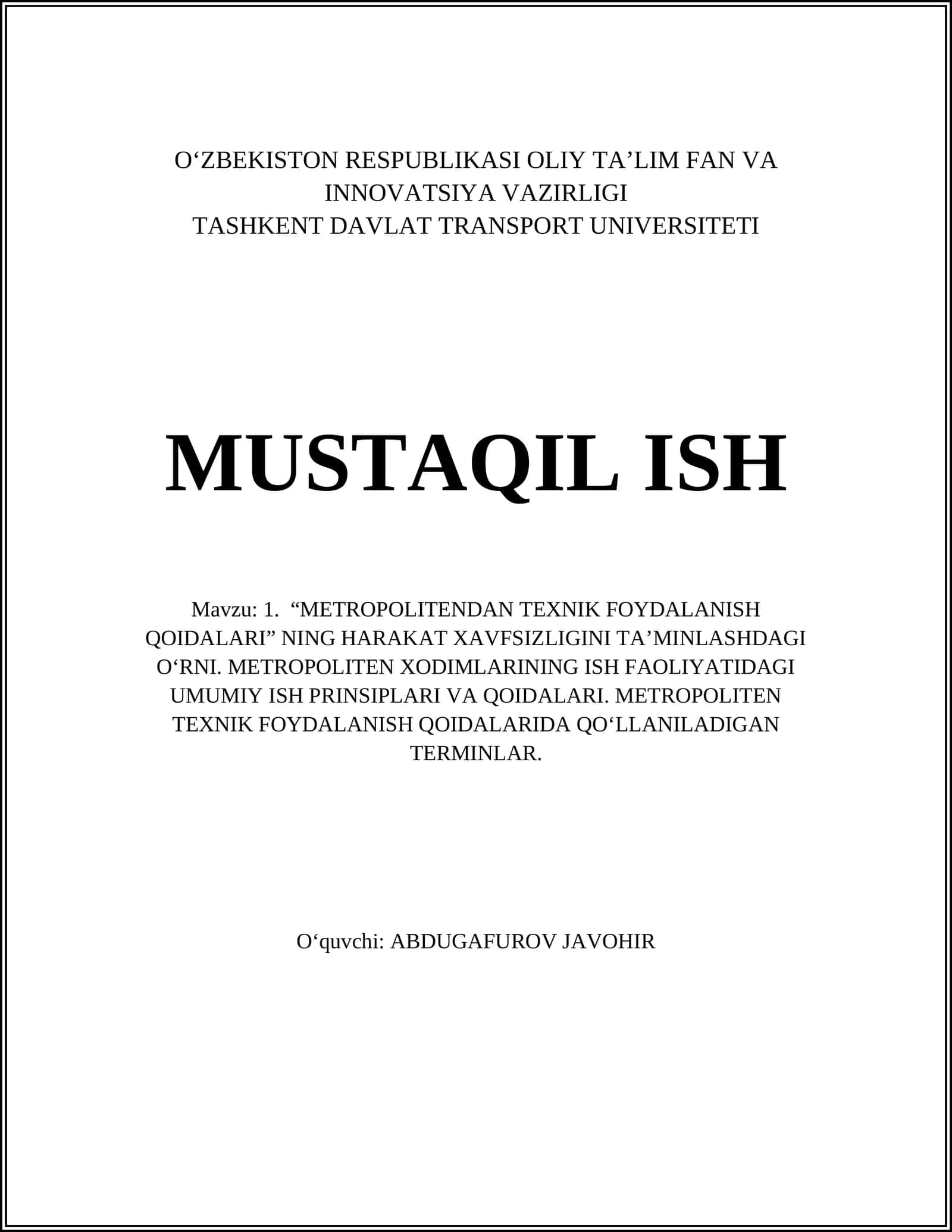 METROPOLITENDAN TEXNIK FOYDALANISH QOIDALARI 1