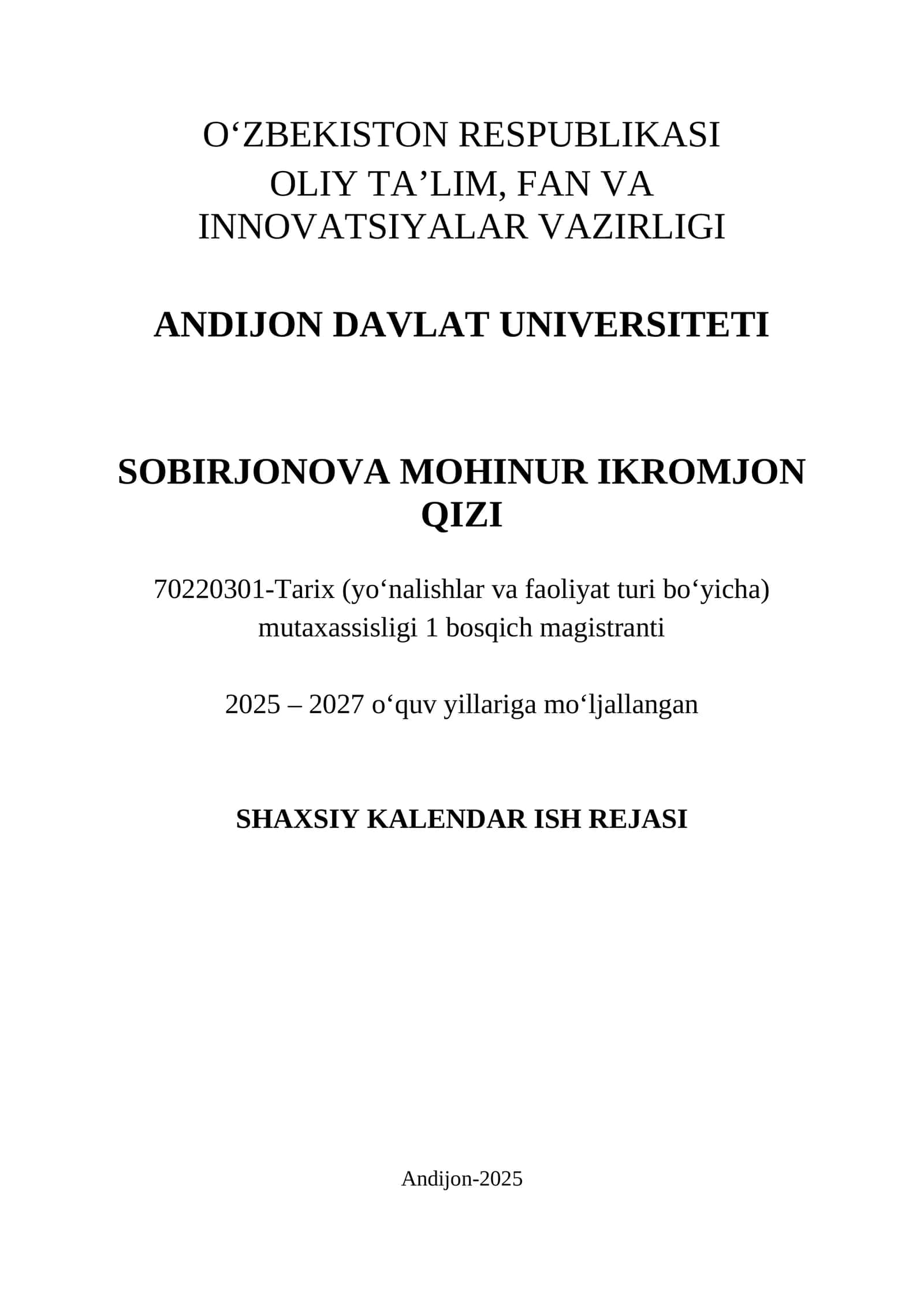 SHAXSIY KALENDAR ISH REJASI 1