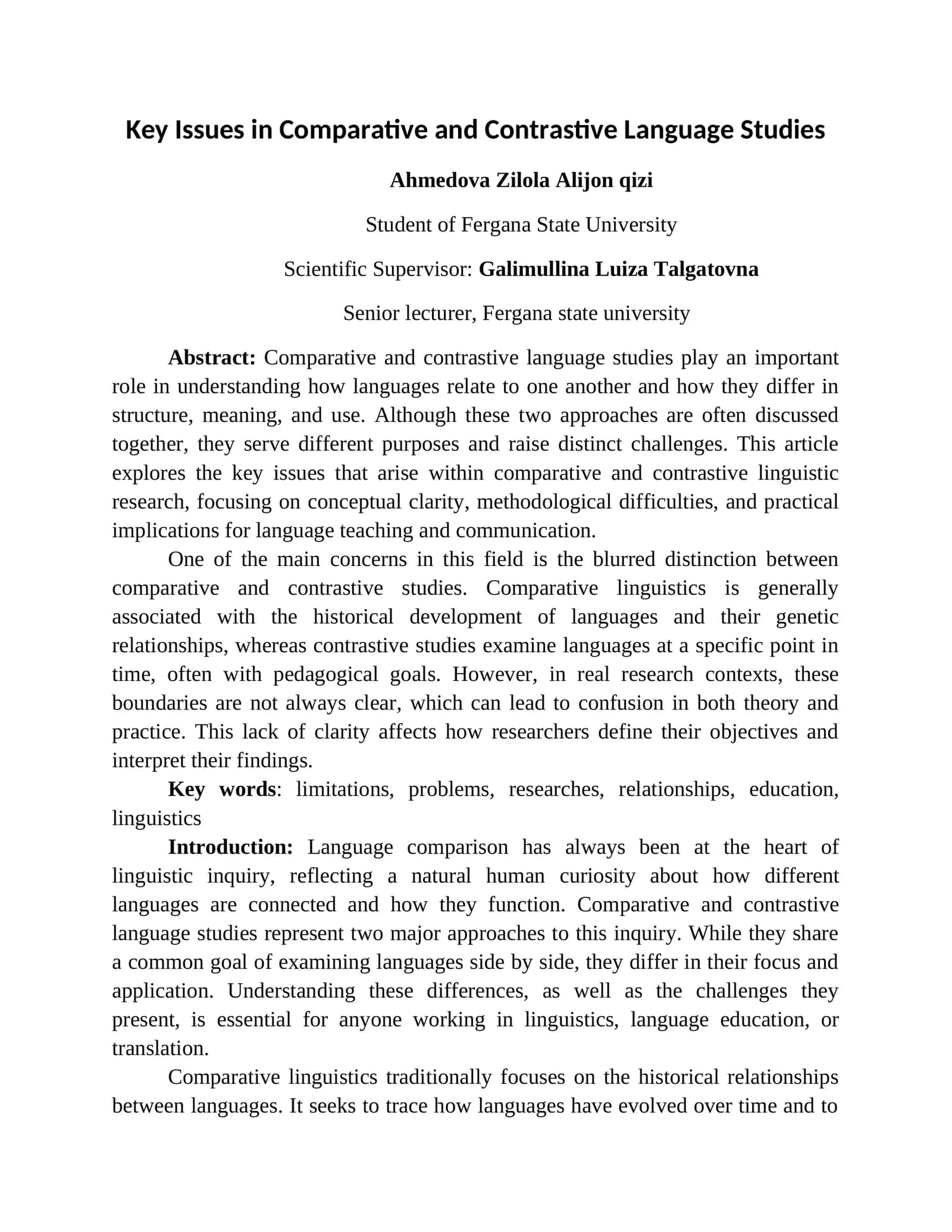 Key Issues in Comparative and Contrastive Language Studies 1