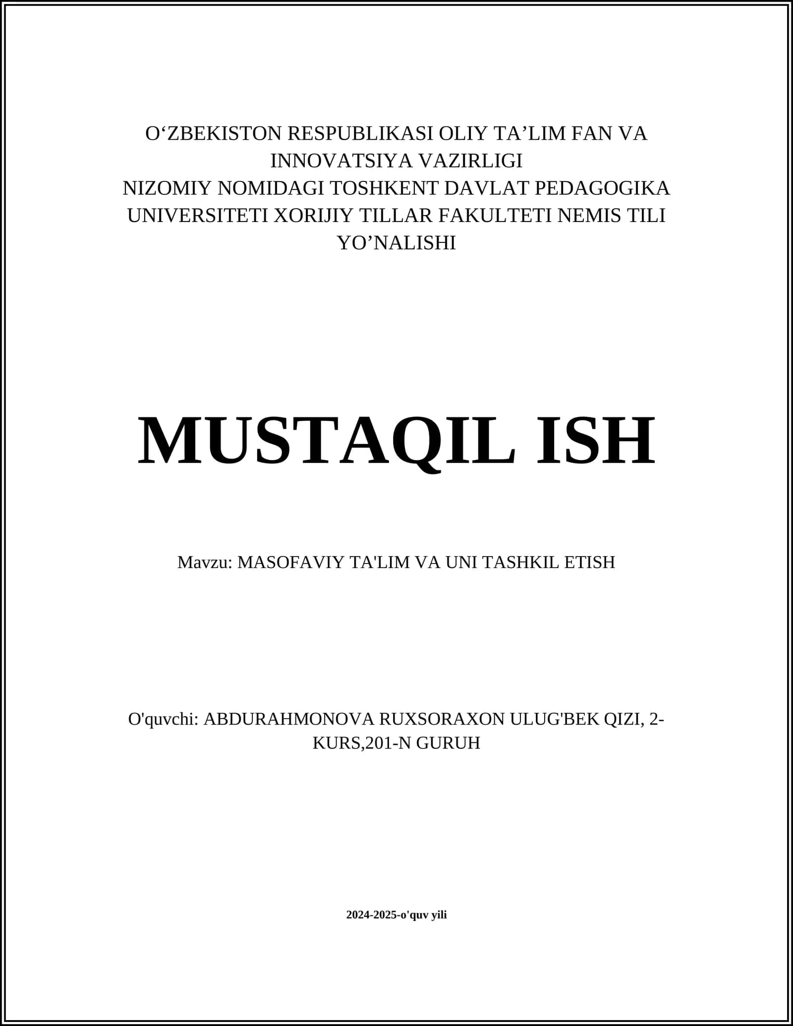 MASOFAVIY TA'LIM VA UNI TASHKIL ETISH 1