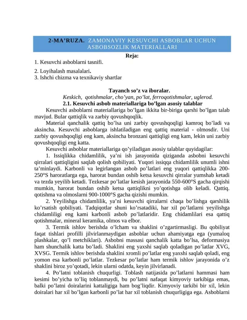 Zamonaviy kesuvchi asboblar uchun asbobsozlik materiallari 1