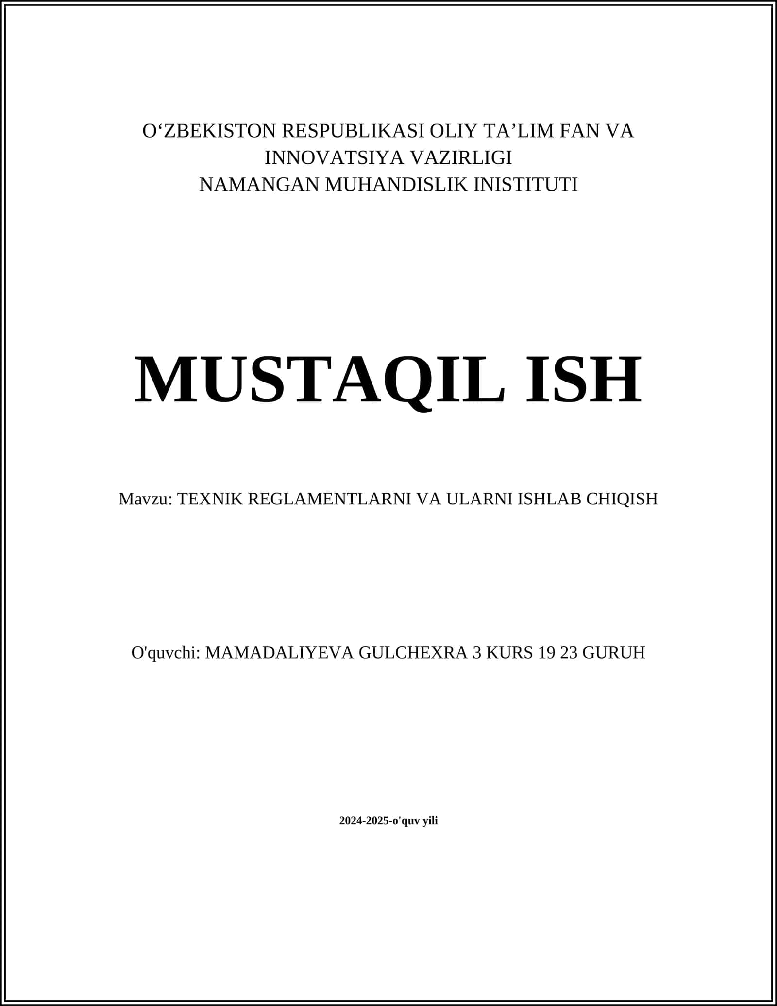 TEXNIK REGLAMENTLARNI VA ULARNI ISHLAB CHIQISH 1