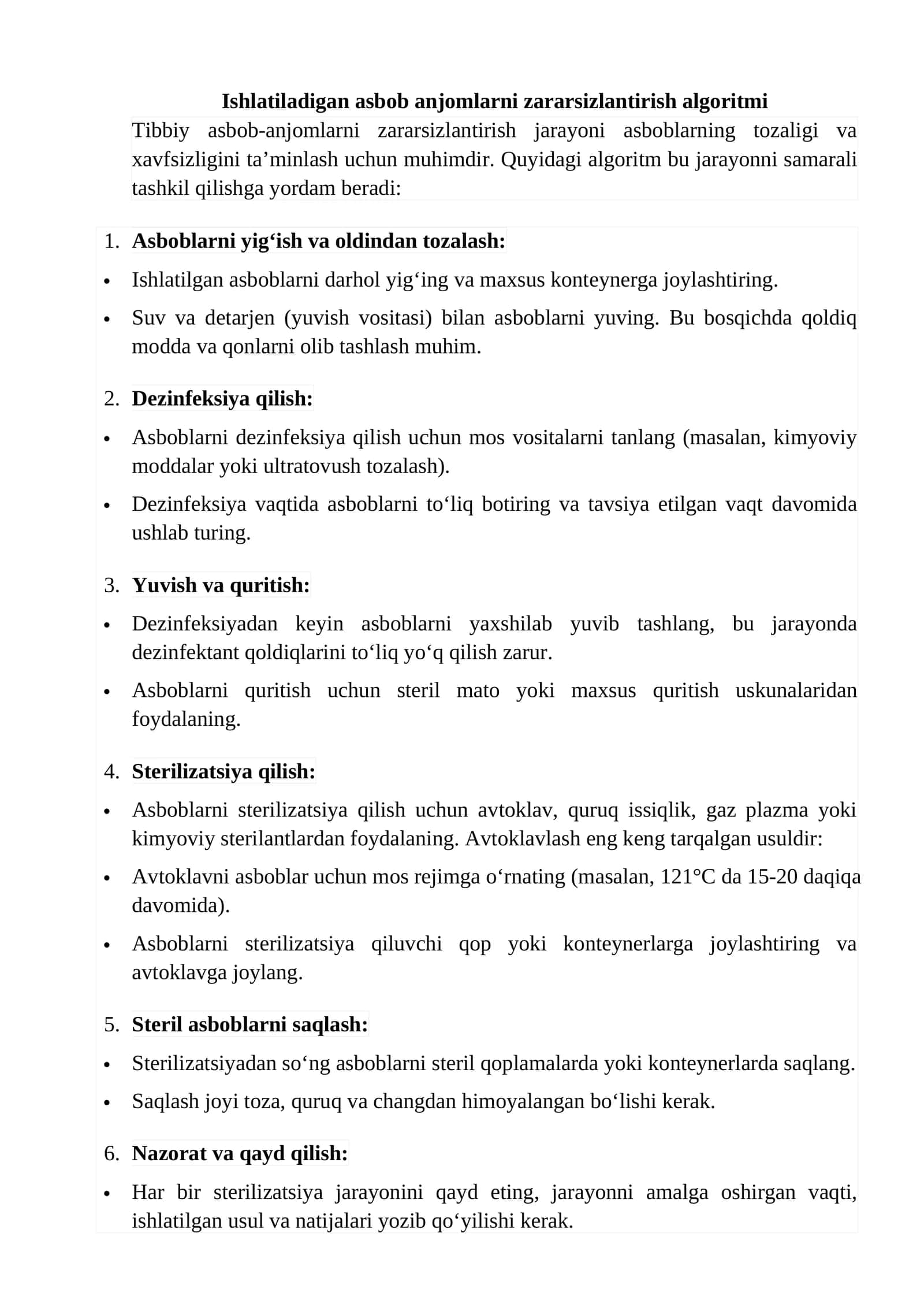 Tibbiy asbob-anjomlarni zararsizlantirish algoritmi 1