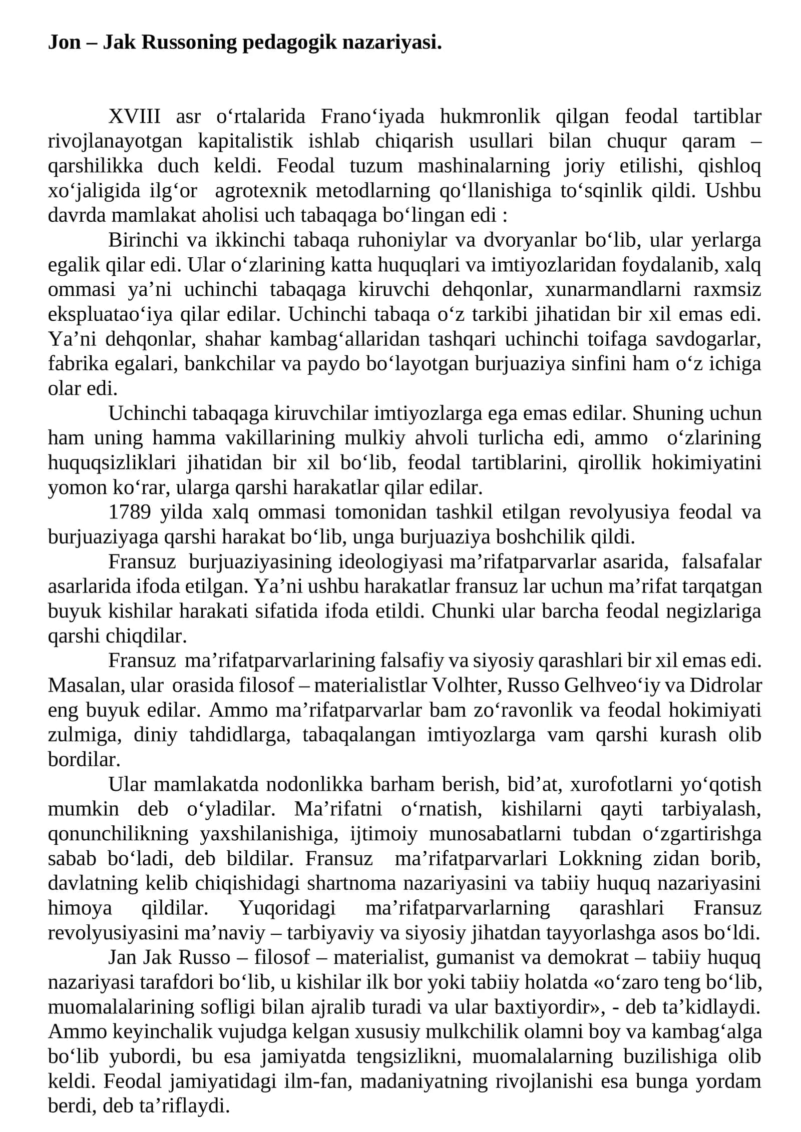 Jon – Jak Russoning pedagogik nazariyasi 1