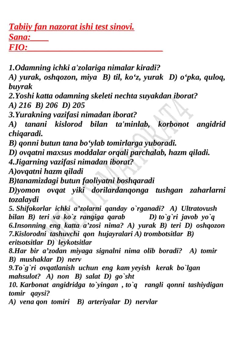 Tabiiy fan nazorat ishi test sinovi 1
