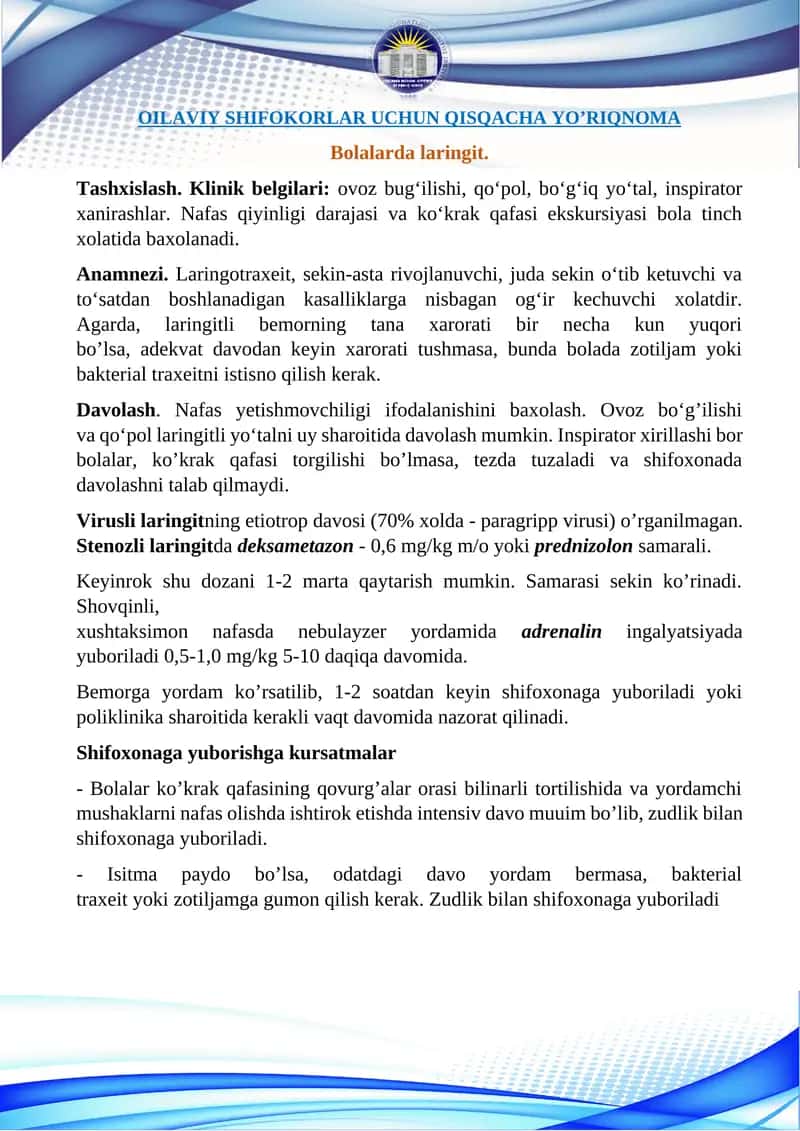 OILAVIY SHIFOKORLAR UCHUN QISQACHA YO’RIQNOMA 1