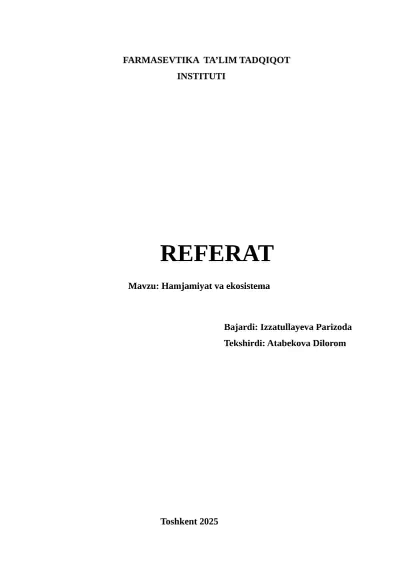 FARMASEVTIKA TA’LIM TADQIQOT INSTITUTI REFERAT 1