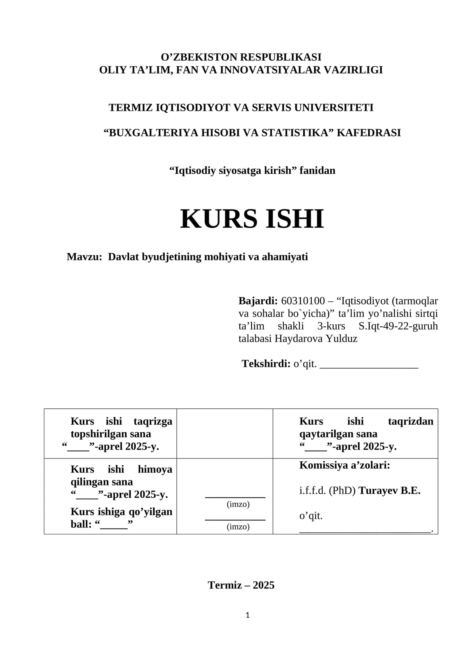 Davlat byudjetining mohiyati va ahamiyati 1