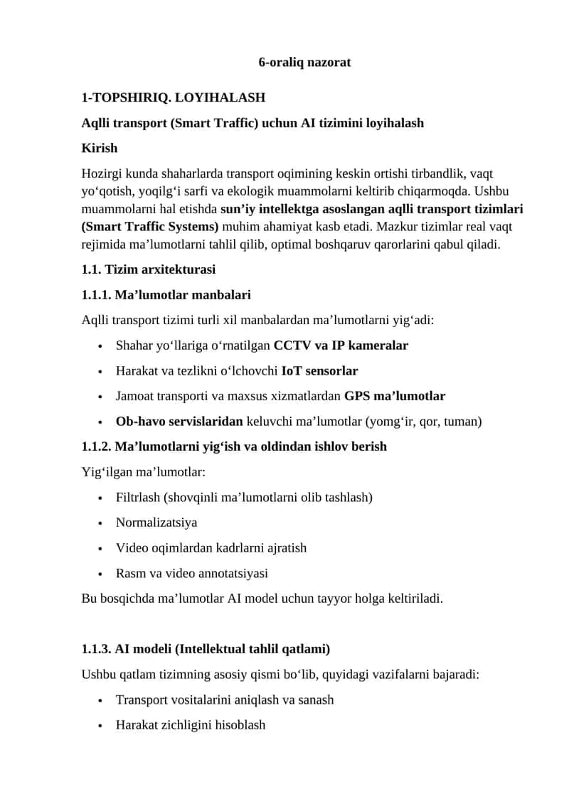 Aqlli transport (Smart Traffic) uchun AI tizimini loyihalash 1