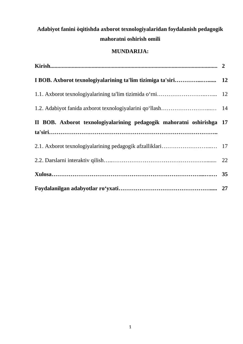 Adabiyot fanini òqitishda axborot texnologiyalaridan foydalanish pedagogik mahoratni oshirish omili 1