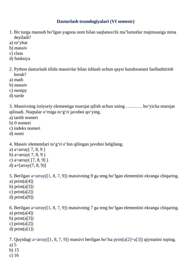 Dasturlash texnologiyalari (VI semestr) 1
