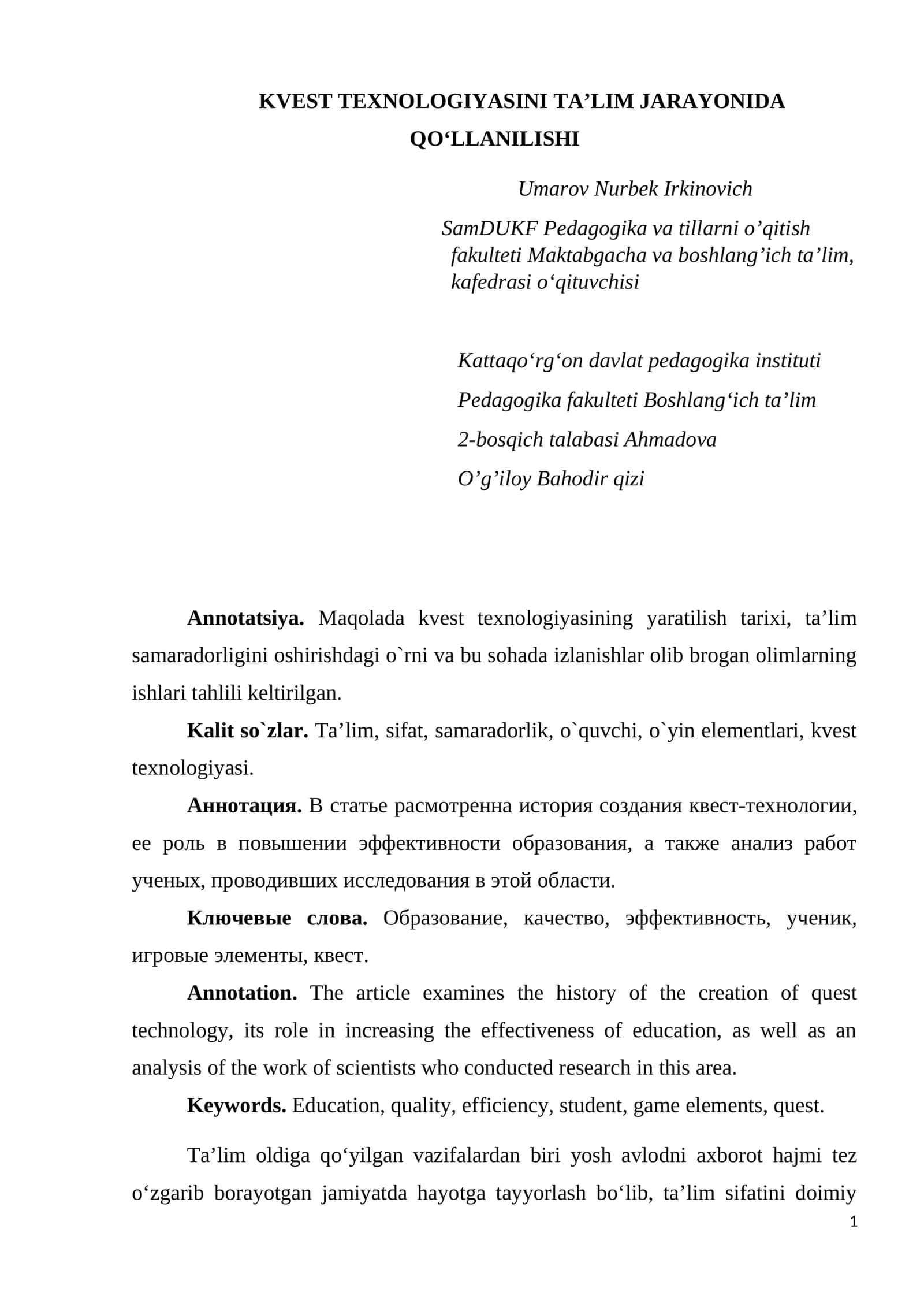 KVEST TEXNOLOGIYASINI TA’LIM JARAYONIDA QO‘LLANILISHI 1