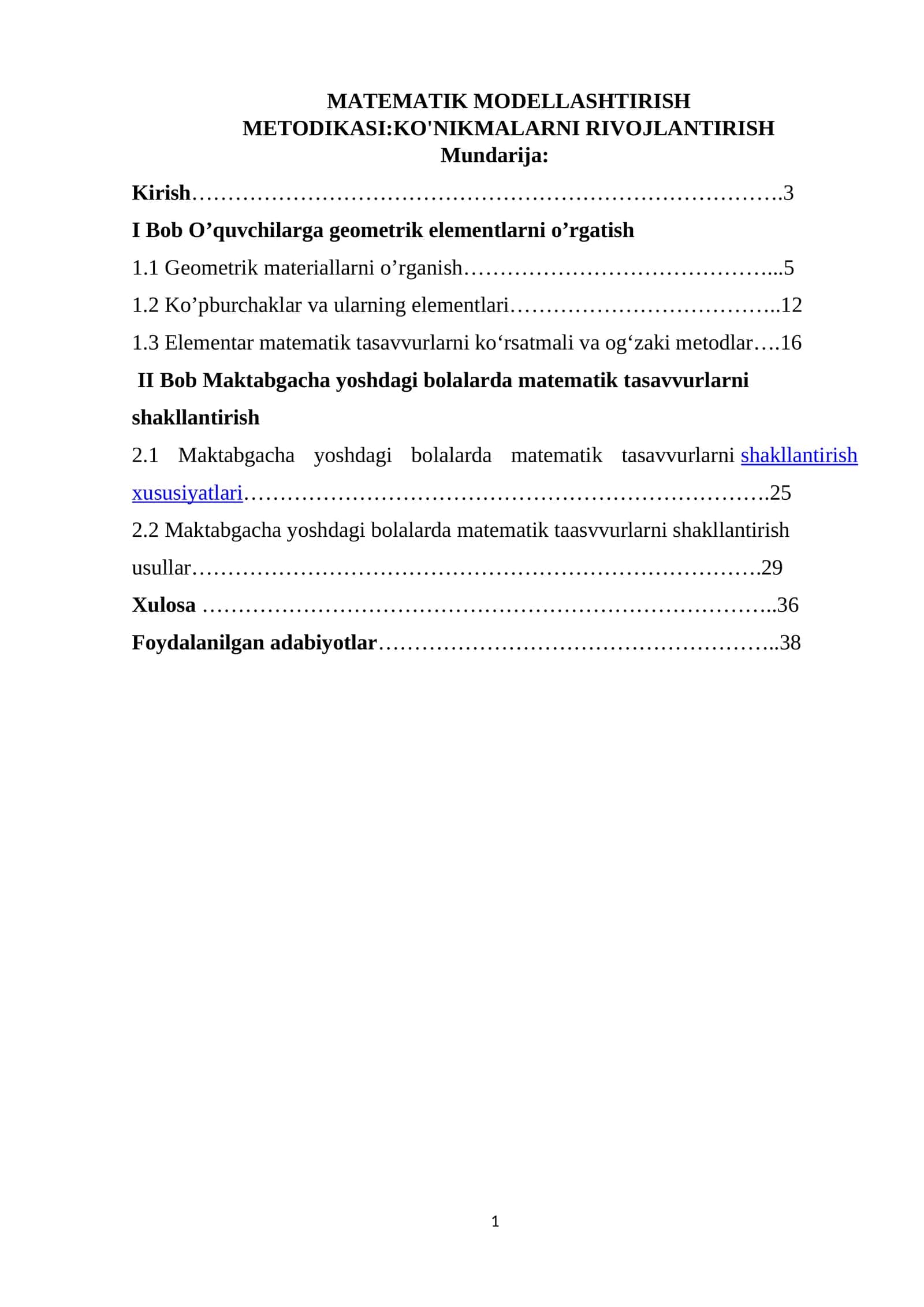 MATEMATIK MODELLASHTIRISH METODIKASI:KO'NIKMALARNI RIVOJLANTIRISH 1
