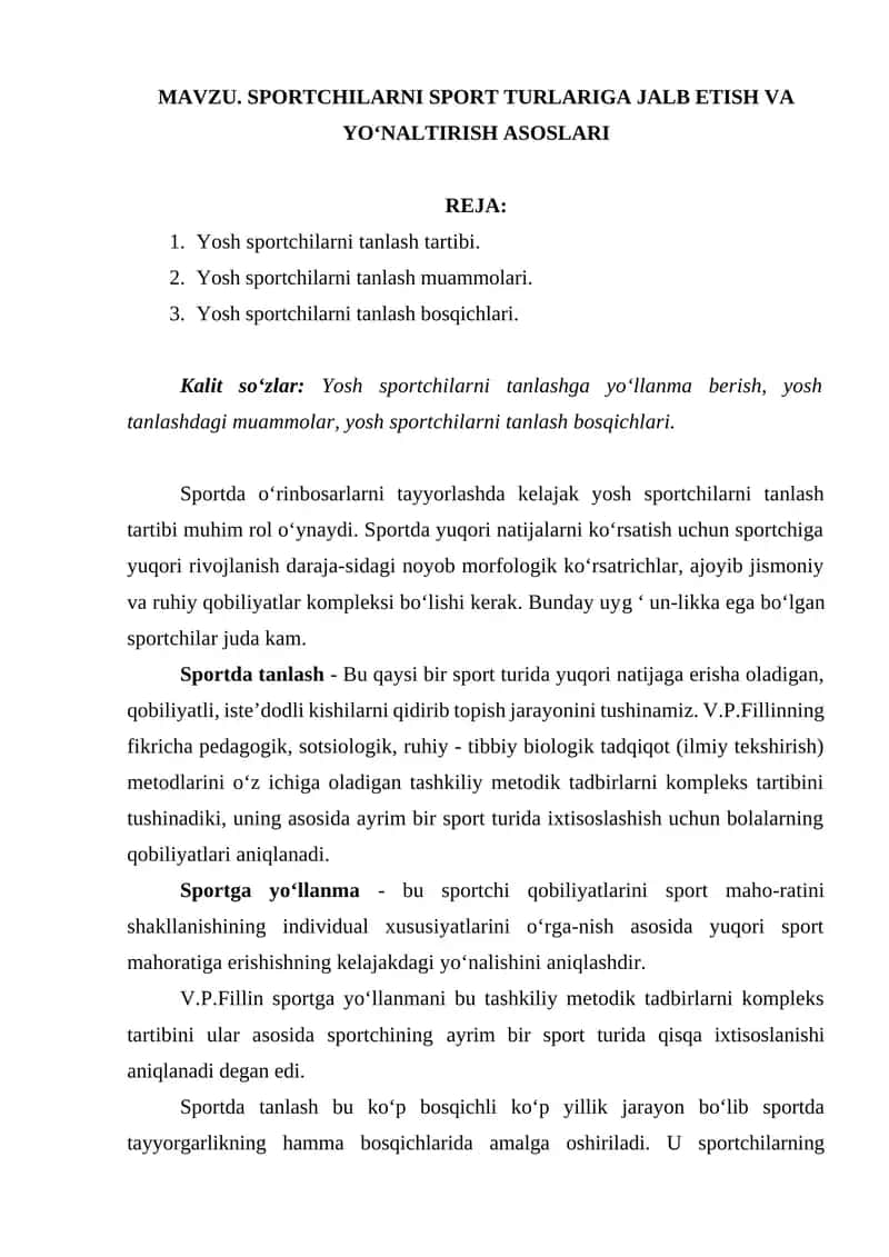SPORTCHILARNI SPORT TURLARIGA JALB ETISH VA YOʻNALTIRISH ASOSLARI 1