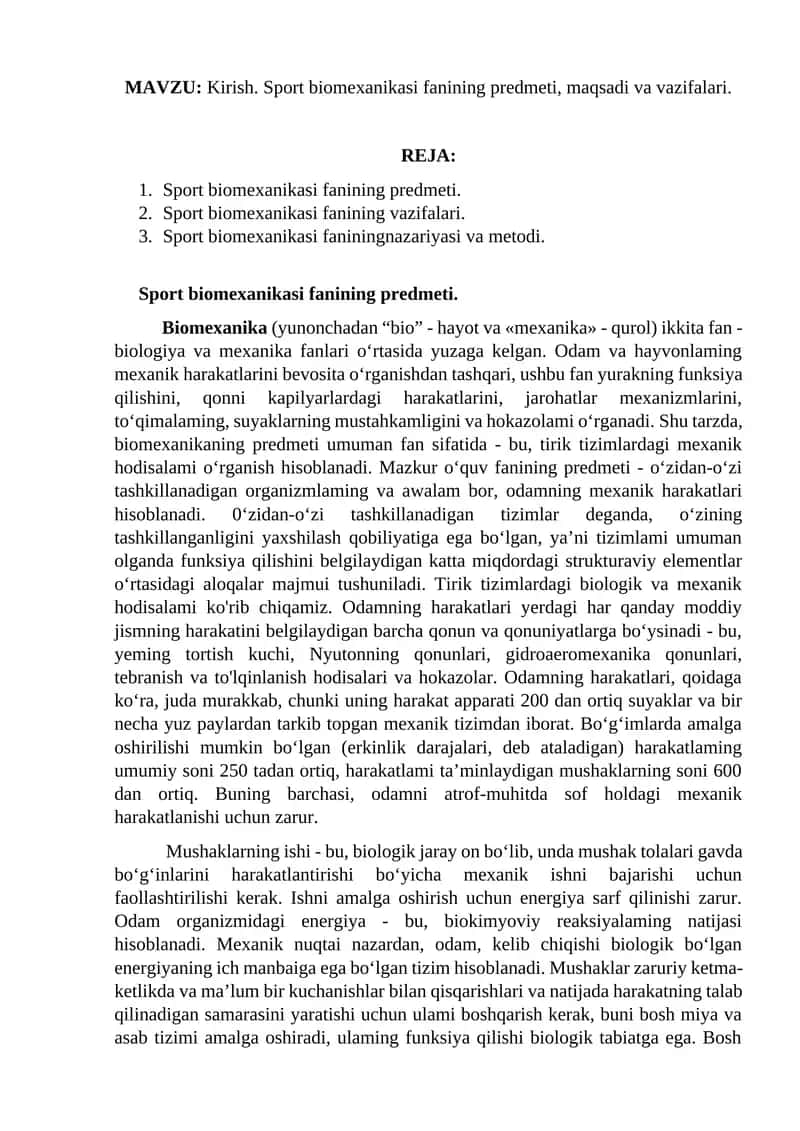 Sport biomexanikasi fanining predmeti, maqsadi va vazifalari. 1