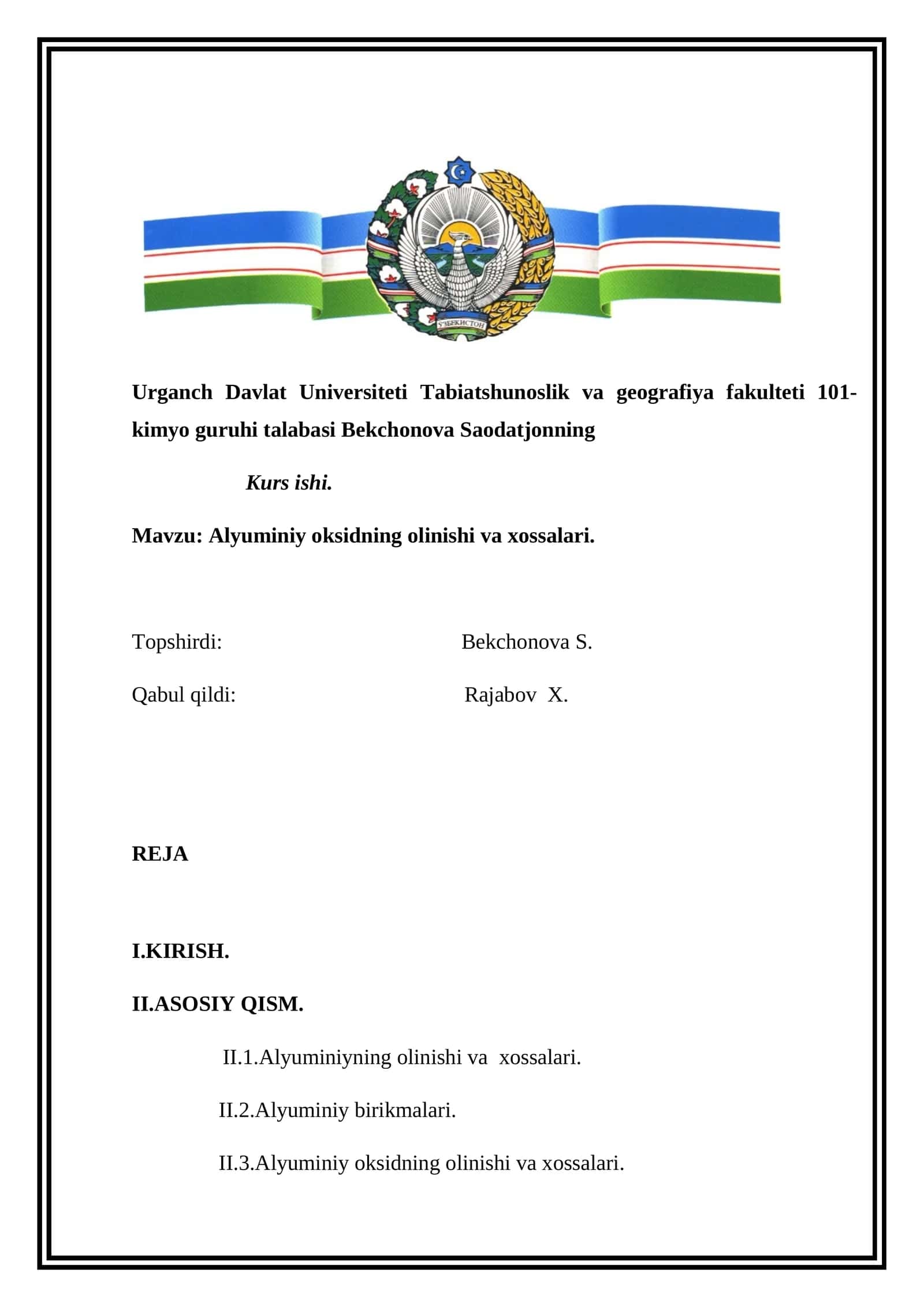 Alyuminiy oksidning olinishi va xossalari 1
