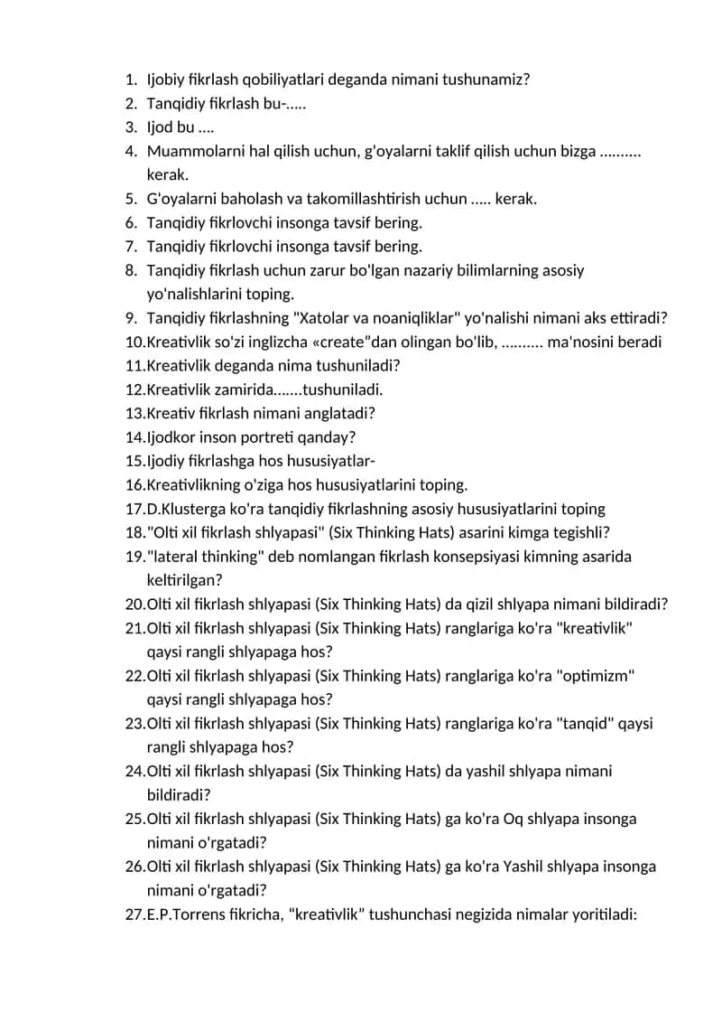 Olti xil fikrlash shlyapasi (Six Thinking Hats) 1