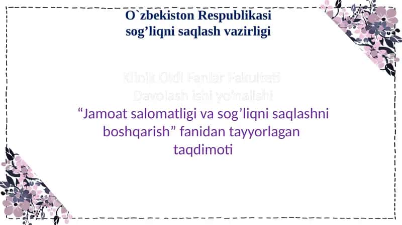 Jamoat salomatligi - Vaqtinchalik va turg'un holatdagi mehnat qobilyatini aniqlashning vrachlik ekspertizasini tashkil etish. 1