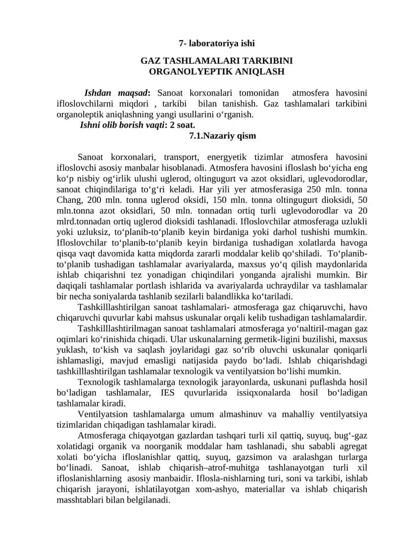 Gaz Tashlamalari tarkibini Organoleptik Aniqlash laboratoriyasi 1