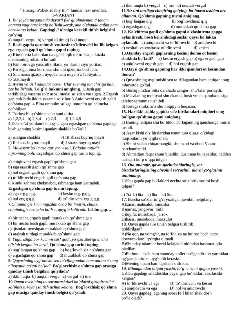 ’’Hozirgi o‘zbek adabiy tili’’ fanidan test savollari 1