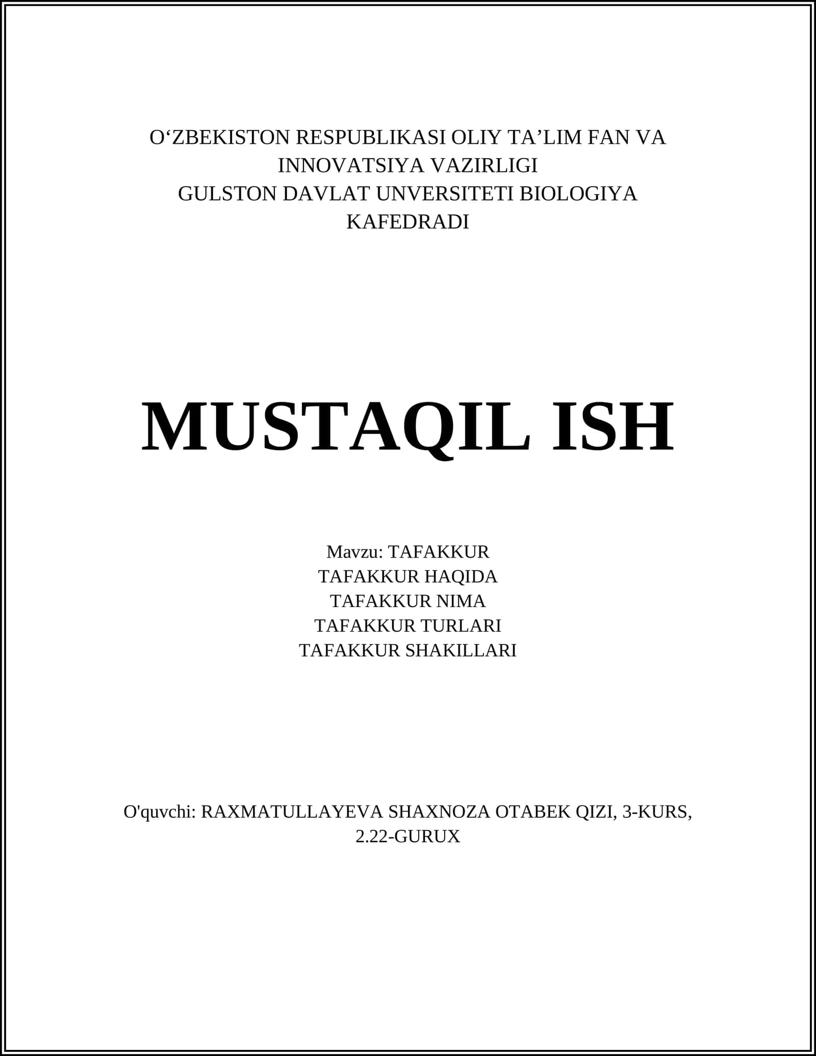 MUSTAQIL ISH Mavzu: TAFAKKUR 1