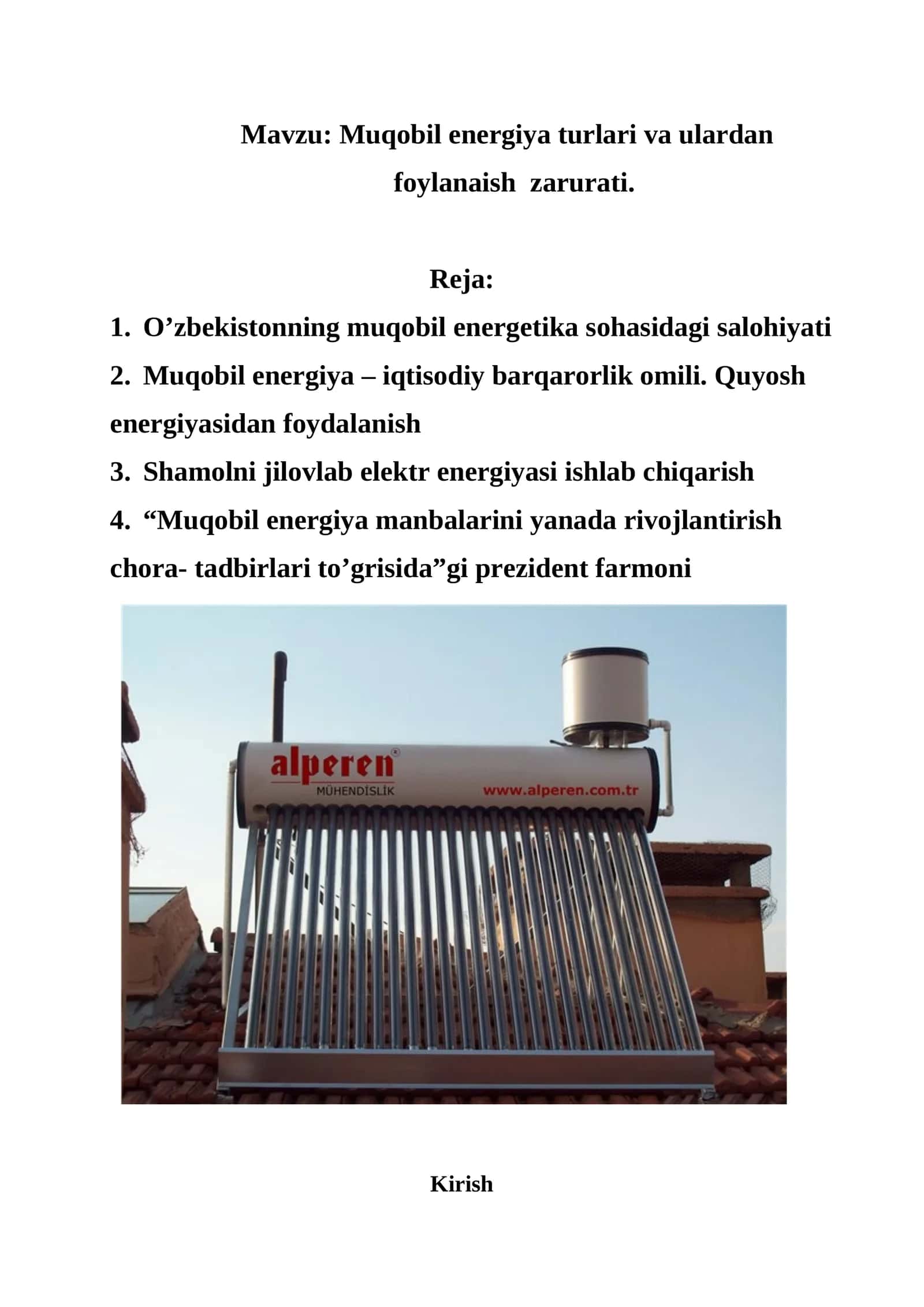 Muqobil energiya turlari va ulardan foylanaish zarurati 1