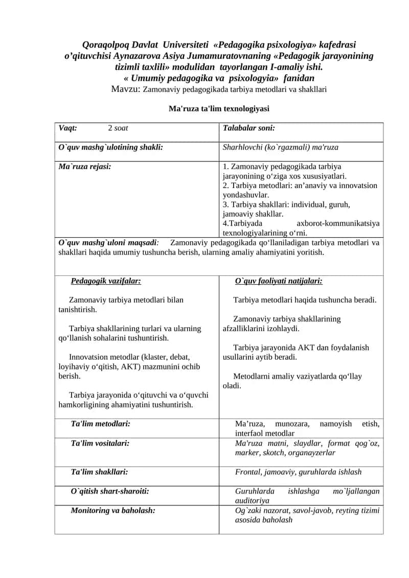 Texnologik karta "Zamonaviy pedagogikada tarbiya metodlari va shakllari" mavzusi uchun 1