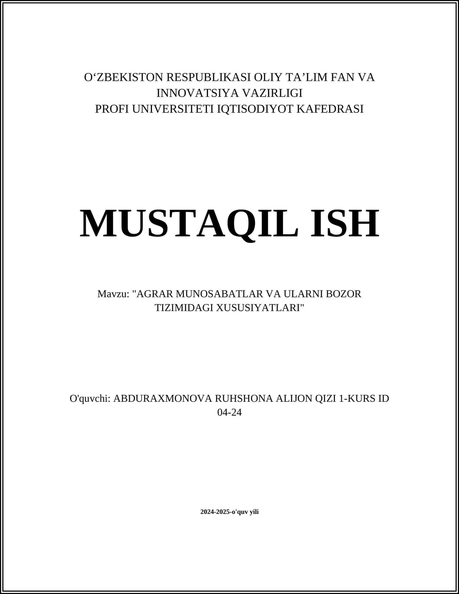 "AGRAR MUNOSABATLAR VA ULARNI BOZOR TIZIMIDAGI XUSUSIYATLARI" 1