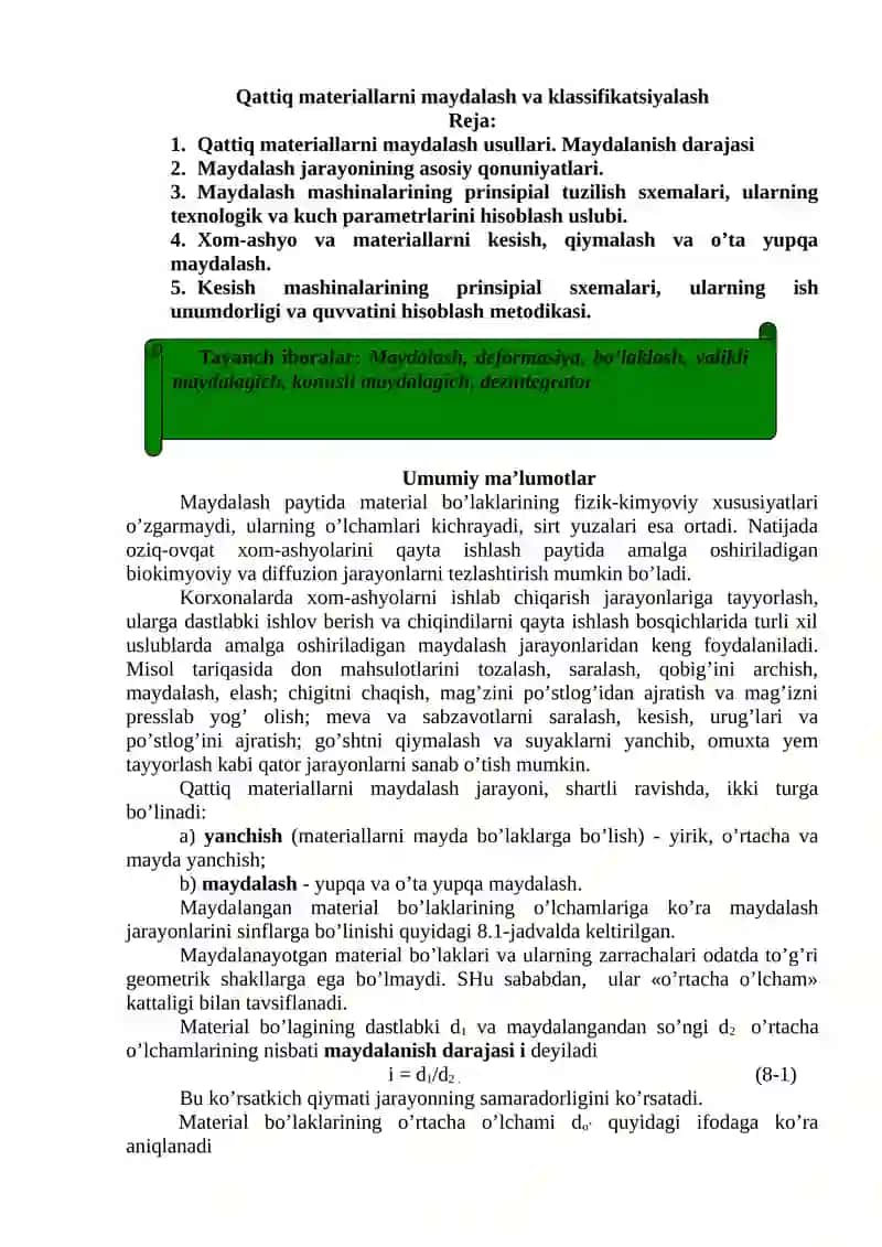 Qattiq materiallarni maydalash va klassifikatsiyalash